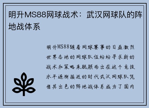 明升MS88网球战术：武汉网球队的阵地战体系